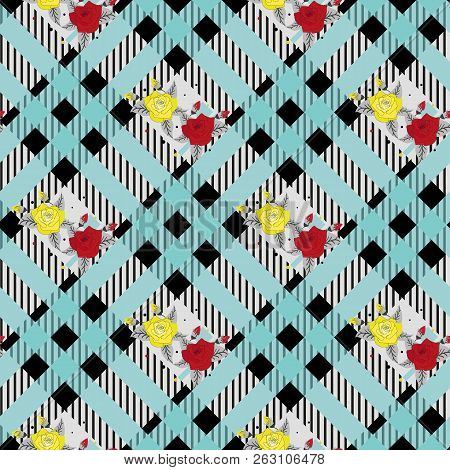 Beautiful Red And Tellow Flowers Pattern On Black And Blue Tartan Plaid Background Eps10