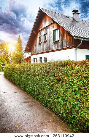 Picturesque Autumn Scene Of Altausseer Village. Sunny Morning View Of Altaussee Village. Location: R