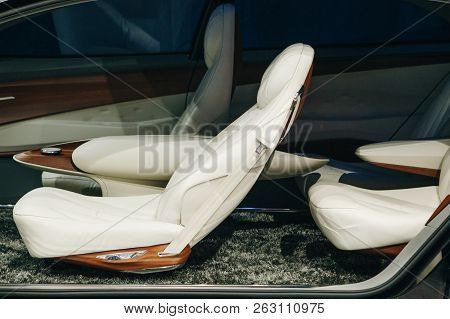 Berlin, August 29, 2018: Close-up. Interior Of The New Volkswagen I.d Vizzion Concept Sedan Electric
