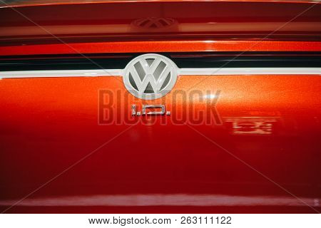 Berlin, August 29, 2018: A Close-up Of The Sign On The New Volkswagen I.d Vizzion Concept Sedan Elec