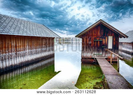 Misty And Sunny Morning On Altaussee Village. Sunny Autumn Scene In The Morning. Location: Resort Vi
