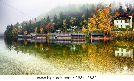 Misty Morning On Altaussee Village.misty Autumn Scene In The Morning. Mirror Reflection. Location: R