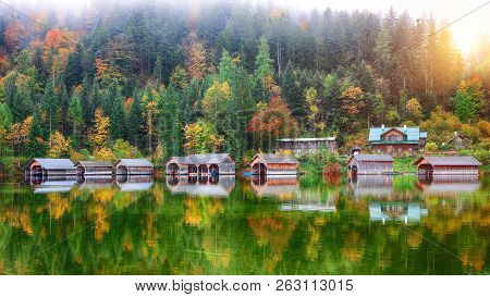 Misty Morning On Altaussee Village.misty Autumn Scene In The Morning. Mirror Reflection. Location: R