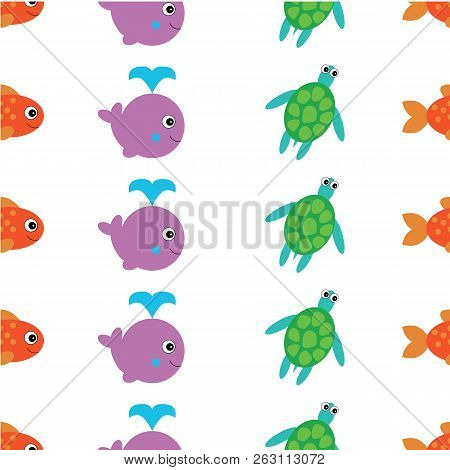 Whale With Water Fountain Blow, Fish And Turte Icon. Vector Illustration. Cartoon Style. Seamless Pa