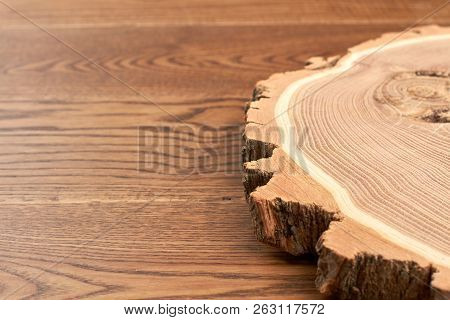Wooden Slice With Bark. Blank Wooden Disc For Decoration, Top View. Timber For Creative Diy.
