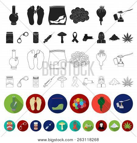 Drug Addiction And Attributes Flat Icons In Set Collection For Design. Addict And Drug Vector Symbol