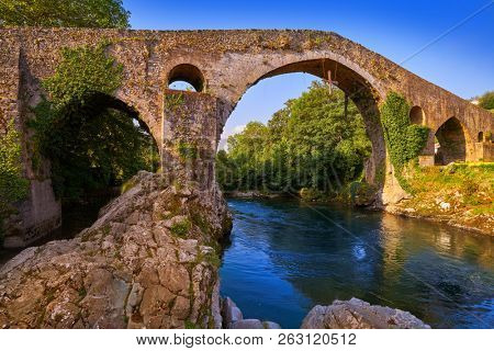 Cangas de Onis roman bridge on Sella river in Asturias of Spain