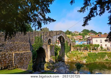 Cangas de Onis roman bridge on Sella river in Asturias of Spain