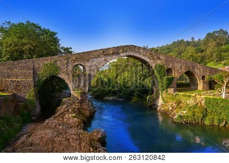 Cangas de Onis roman bridge on Sella river in Asturias of Spain