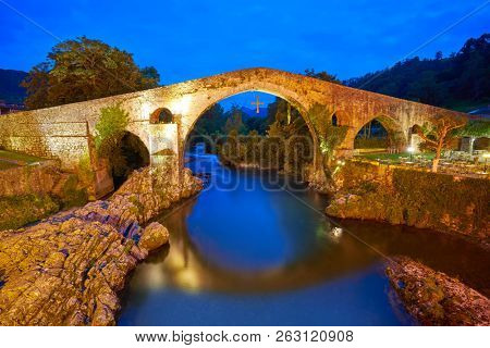 Cangas de Onis roman bridge on Sella river in Asturias of Spain