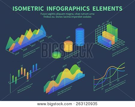 Isometric Infographics. Presentation Graphics, Statistics Data Layer Charts And Marketing Bar Diagra