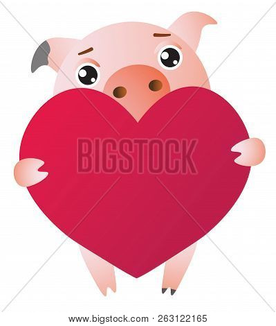Cute Cartoon Pig With Red Large Heart. Vector Illustration.