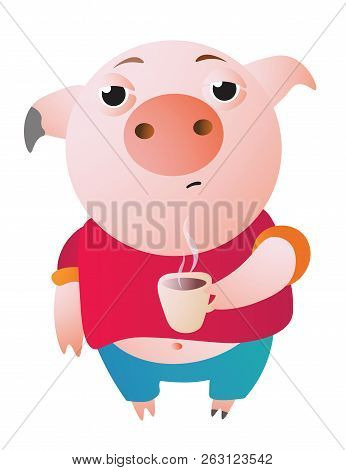 Very Sleepy Pig With A Cup Of Hot Coffee