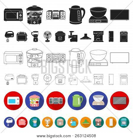 Types Of Household Appliances Flat Icons In Set Collection For Design.kitchen Equipment Vector Symbo