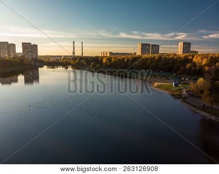 Sunset Over Shkolnoe Lake In Zelenograd Of Moscow, Russia