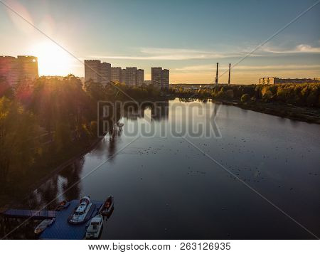 Sunset Over Shkolnoe Lake In Zelenograd Of Moscow, Russia