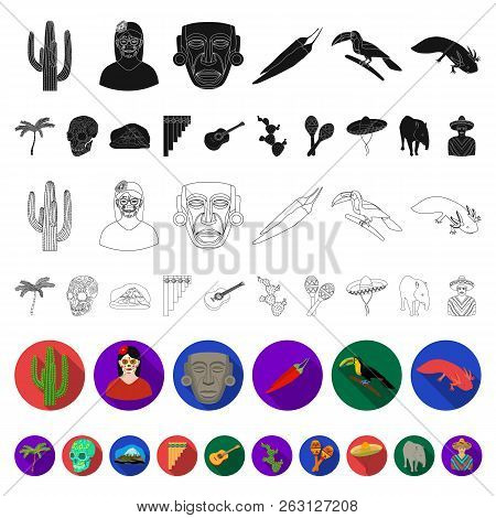 Country Mexico Flat Icons In Set Collection For Design. Mexico And Landmark Vector Symbol Stock Web 