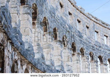 Pula, Croatia - June 18, 2014: Stone Arc Columns Rows In Pula Arena. The Most Famous And Important M