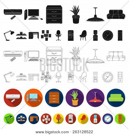 Interior Of The Workplace Flat Icons In Set Collection For Design. Office Furniture Vector Symbol St