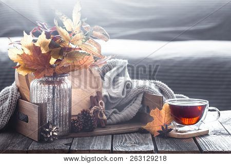 Autumn Composition In The Interior, The Concept Of Home Comfort
