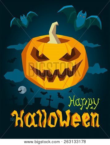 Halloween Concept. Vector Illustration Of A Festive Pumpkin On A Dark Sky Background. Clouds And Bat