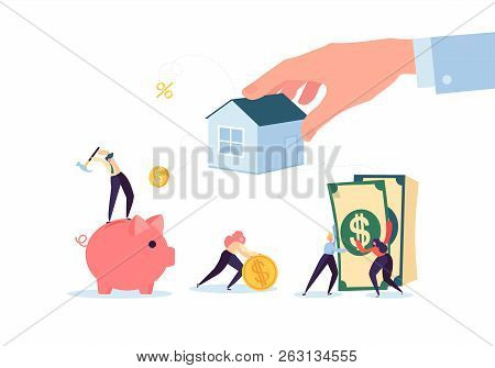 Characters Paying For Mortrage House. Real Estate Investment. Rental Or Loan Home Concept. Credit De