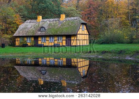 Old Timbered House In Charlottenlund, Denmark. Photo Taken In Public Park.