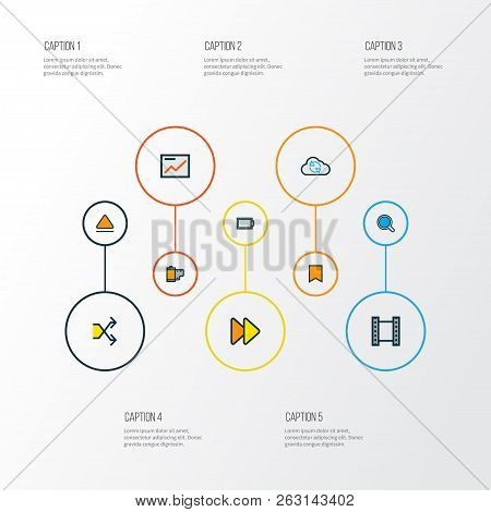 Multimedia Icons Colored Line Set With Eject, Search, Video And Other Randomize Elements. Isolated  