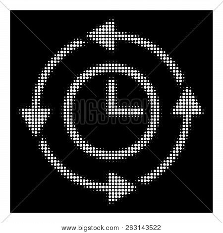 Halftone Pixelated Wayback Clock Icon. White Pictogram With Pixelated Geometric Structure On A Black