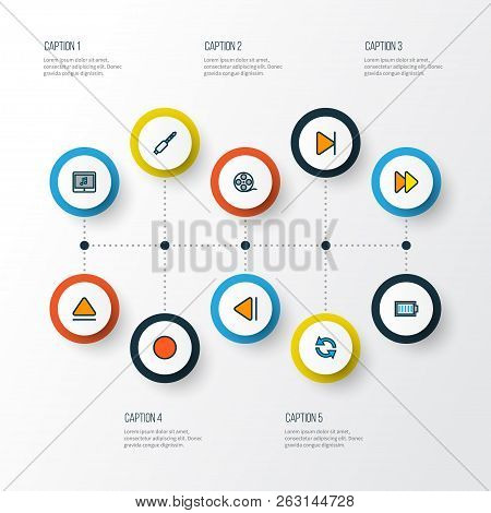 Media Icons Colored Line Set With Eject, End, Fast Forward And Other Finish Elements. Isolated Vecto