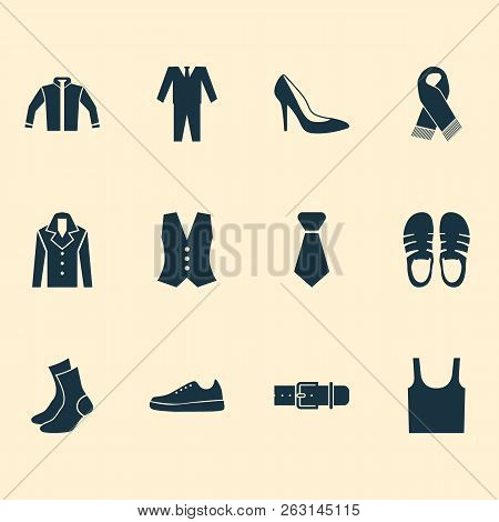 Garment Icons Set With Sleeveless Tank, Necktie, Gumshoes And Other Singlet Elements. Isolated  Illu