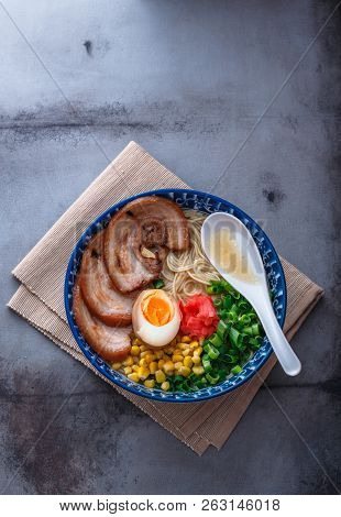 Japanese Tonkotsu Ramen, Pork Bone Broth Noodles, Copy Space