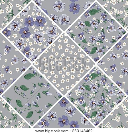 Drawing Of Seamless Patchwork Pattern With Viola Flowers