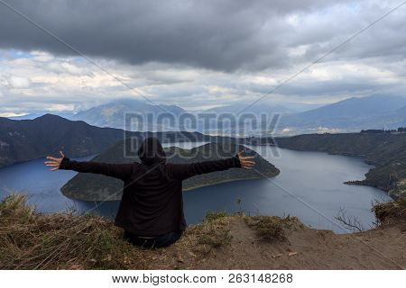 View On A Tourist At Vulcano Lake Cuicocha Close To Otavalo, Ecuador