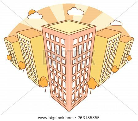 City View In Autumn With High Buildings, Clouds, Orange Trees, Fall Landscape With Street Blocks, Mo