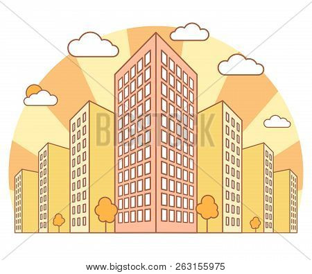 City View In Autumn With High Buildings, Clouds, Orange Trees, Fall Landscape With Street Blocks, Mo
