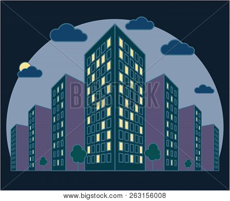 City Landscape View At Night, High Buildings With Lights In Windows, Clouds, Trees, Modern Residenti