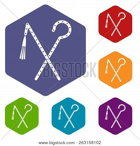 Rod And Whip Of Pharaoh Icons Set Hexagon Isolated Illustration
