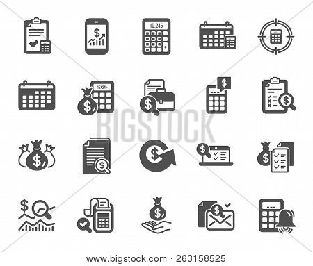Accounting Report Icons. Set Of Calculation, Check Investment. Calendar, Banking Account And Finance