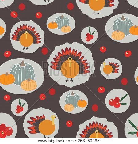Thanksgiving Pumpkins Cranberries Turkey Grey Brown Orange. Great For Invitations, Fabric, Giftwrap,