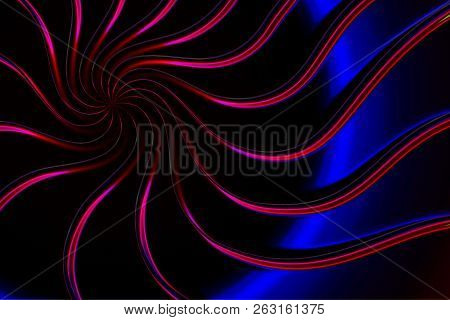 Neon Swirl Background. Graceful Spiral Of Graphic Red Lines Over A Blue Circle And Black Field. Retr