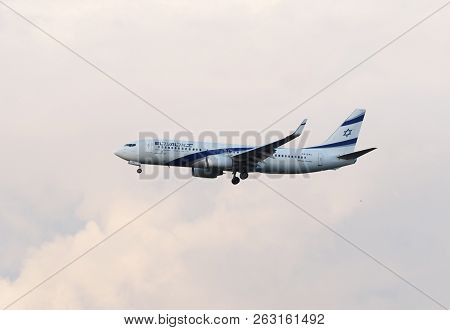 8 July 2018 Russia, Moscow. The Aircraft  Boeing 737 Next Gen Airline El Al Is Landing At The Domode