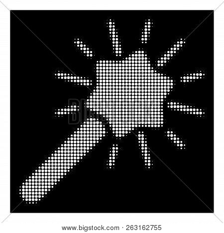 Halftone Dotted Wizard Wand Icon. White Pictogram With Dotted Geometric Structure On A Black Backgro