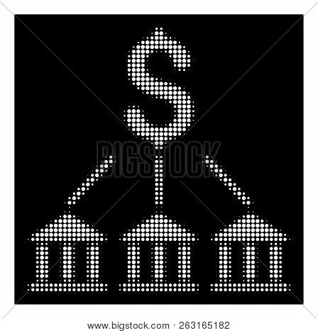 Halftone Pixel Bank Association Icon. White Pictogram With Pixel Geometric Structure On A Black Back