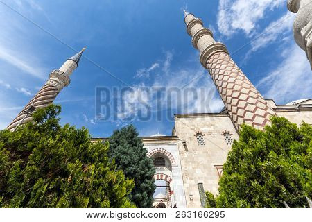 Edirne, Turkey - May 26, 2018:  Uc Serefeli Mosque Mosque In The Center Of City Of Edirne,  East Thr