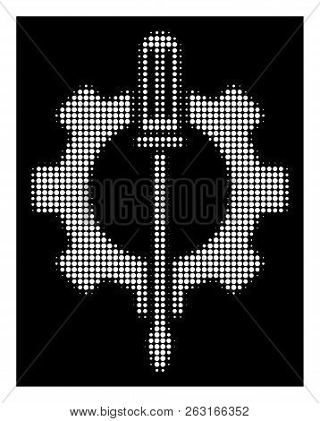 Halftone Pixel Tuning Options Gear Icon. White Pictogram With Pixel Geometric Structure On A Black B
