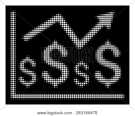 Halftone Dotted Financial Graph Icon. White Pictogram With Dotted Geometric Pattern On A Black Backg