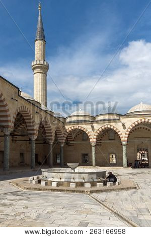 Edirne, Turkey - May 26, 2018:  Uc Serefeli Mosque Mosque In The Center Of City Of Edirne,  East Thr