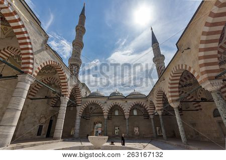 Edirne, Turkey - May 26, 2018:  Uc Serefeli Mosque Mosque In The Center Of City Of Edirne,  East Thr