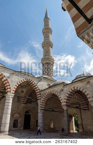 Edirne, Turkey - May 26, 2018:  Uc Serefeli Mosque Mosque In The Center Of City Of Edirne,  East Thr
